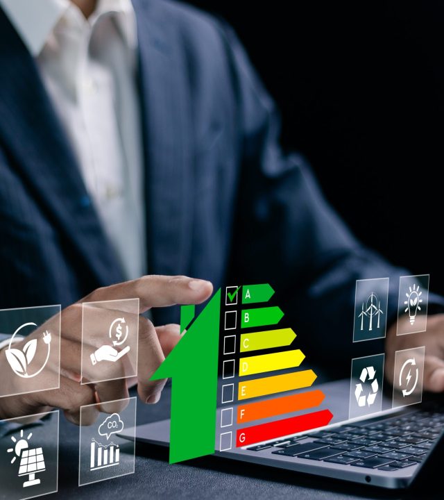 Energy,Efficiency,Concept.,Businessman,Using,Laptop,With,Energy,Efficiency,Rating